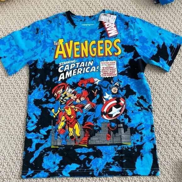 NEW NWT Avengers Medium 10/12 Tie Dyed T-shirt Marvel Isaac Morris Blue READ - Picture 1 of 7